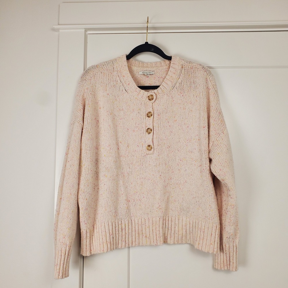 American Eagle Henley Sweater Women XL Pastel Pink Confetti Knit Button Pullover